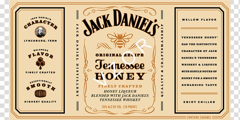 Tennessee whiskey Distilled beverage Lynchburg Jack Daniel\'s, honey label transparent background PNG clipart