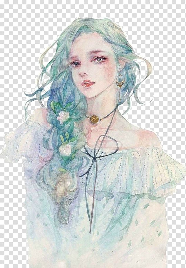 Teal Haired Female Drawing Watercolor Painting Anime