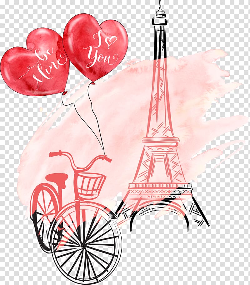 Eiffel tower, bicycle, and balloon illustration, Eiffel Tower , A balloon on a bicycle transparent background PNG clipart