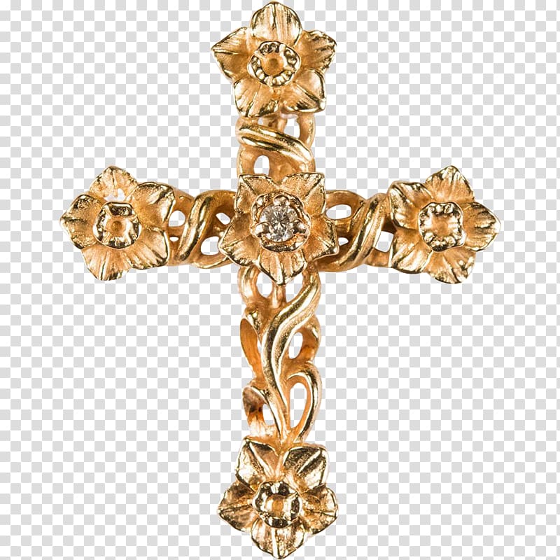 Christian cross Gold Pectoral cross Cross necklace, gold flower transparent background PNG clipart