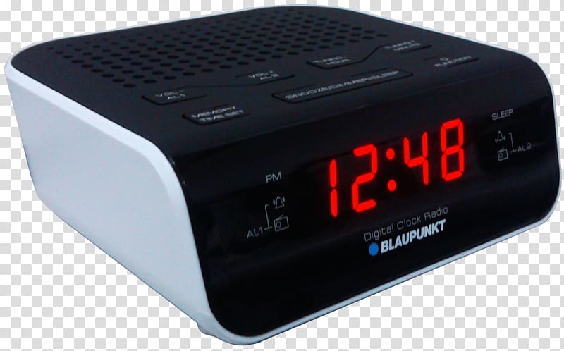 black and white Blaupunkt digital alarm clock displaying 12:48 art illustration, Blaupunkt Clock Radio transparent background PNG clipart