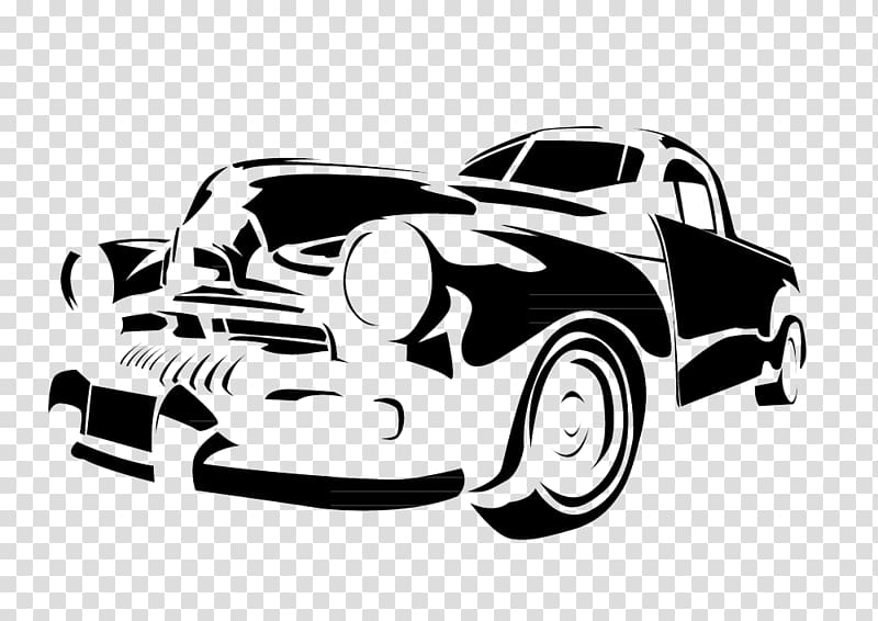 Vintage car Stencil Illustration, Black and white hand-drawn cartoon illustration of old cars transparent background PNG clipart