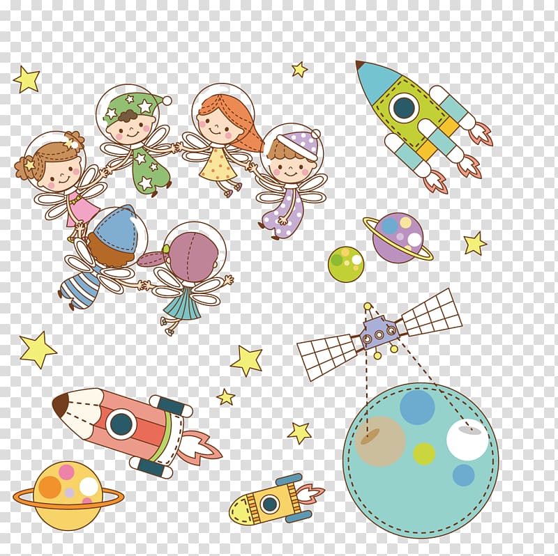 children with wings, spaceship, and planet , Universe Outer space Cartoon, Cartoon rocket transparent background PNG clipart