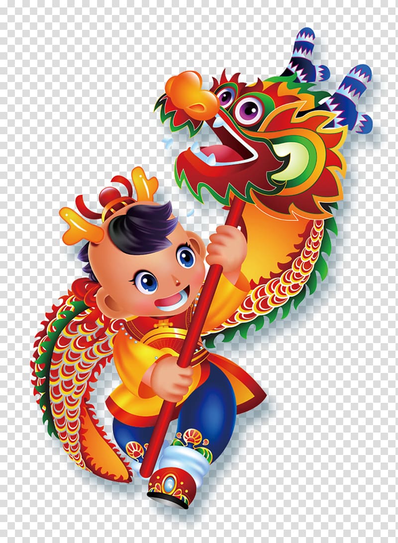 dragon dancer illustration, Dragon dance Lion dance Chinese New Year Cartoon Illustration, Children dance dragon transparent background PNG clipart