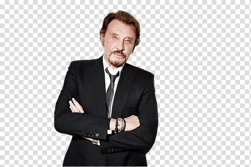 man wearing black suit jacket crossing his arms, Johnny Hallyday Portrait transparent background PNG clipart