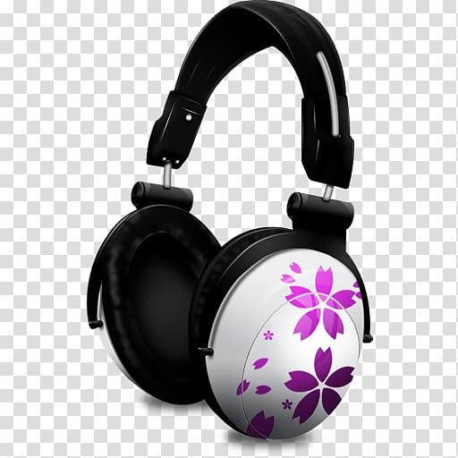 headset purple electronic device headphones, Other Music sakura, black and white floral earmuffs transparent background PNG clipart