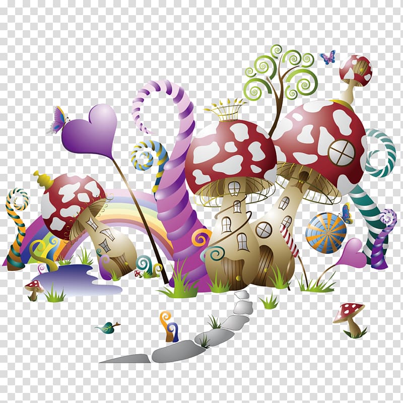 Fairy tale Illustration, Creative mushrooms transparent background PNG clipart