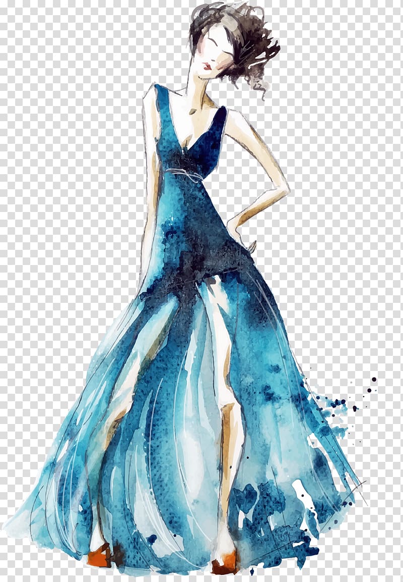 girl wearing blue plunging neckline sleeveless slit dress art, Fashion illustration Drawing Illustration, Freehand line drawing model transparent background PNG clipart