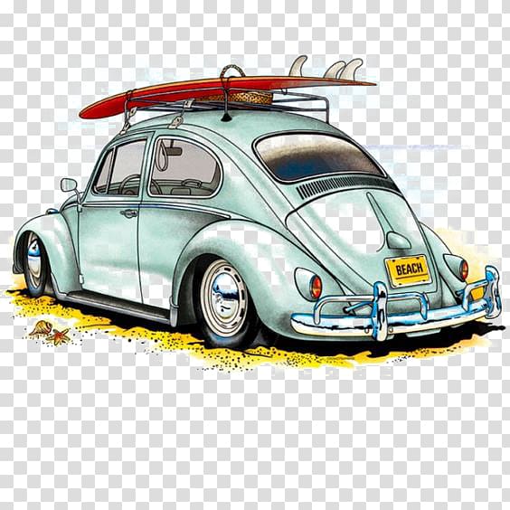 Volkswagen Beetle Wolfsburg Car Herbie, Cartoon car, red surfboard on top of blue Volkswagen Beetle coupe illustration transparent background PNG clipart