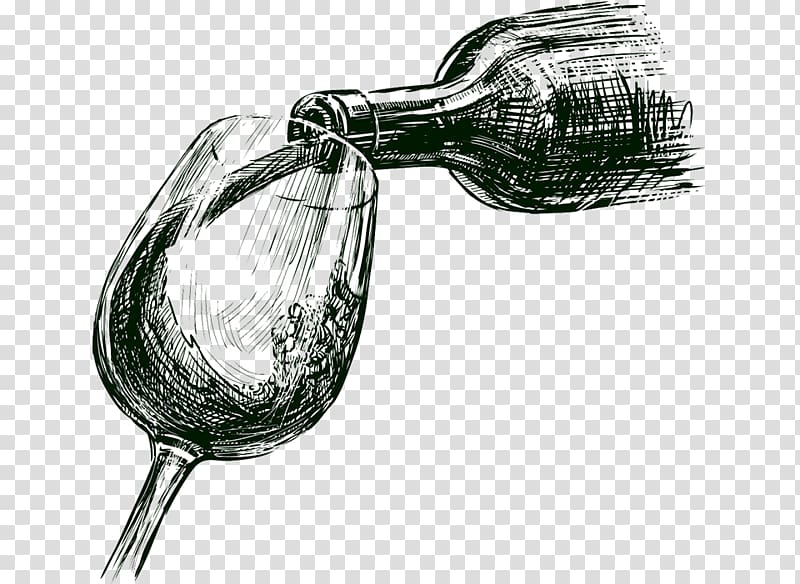 beverage bottle pour on footed glass , Winemaking Common Grape Vine Wine glass, sketch transparent background PNG clipart