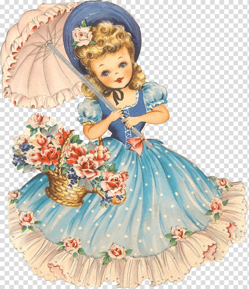 woman wearing blue dress illustration, Vintage Girl Doll transparent background PNG clipart