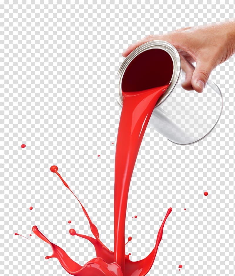 person holding silver can pouring red liquid, Paint , Flowing red paint transparent background PNG clipart