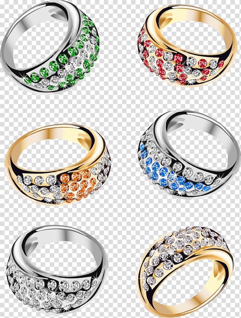 three silver-and-gold-colored clear gemstone encrusted rings , Wedding ring Engagement ring Diamond, Diamond Ring transparent background PNG clipart