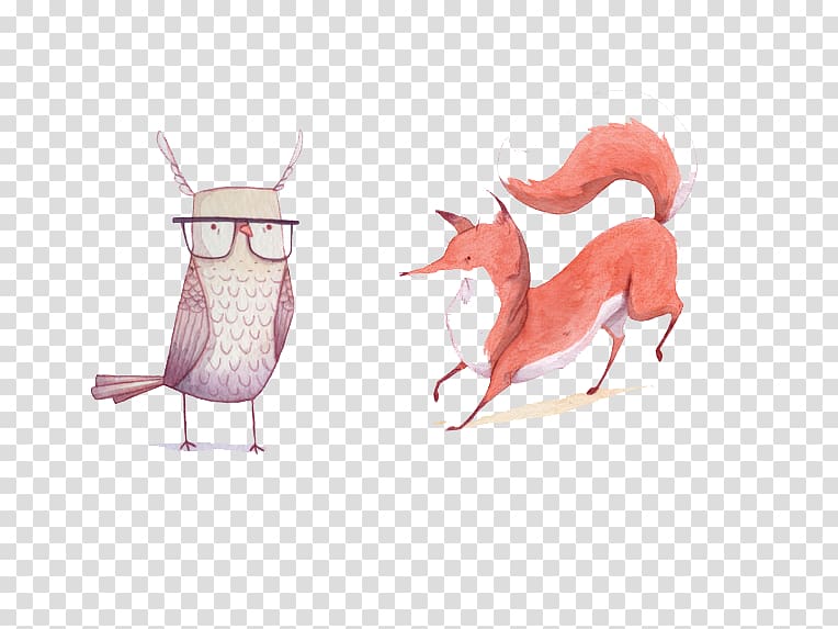 Illustration, Hand-painted owl fox pattern transparent background PNG clipart