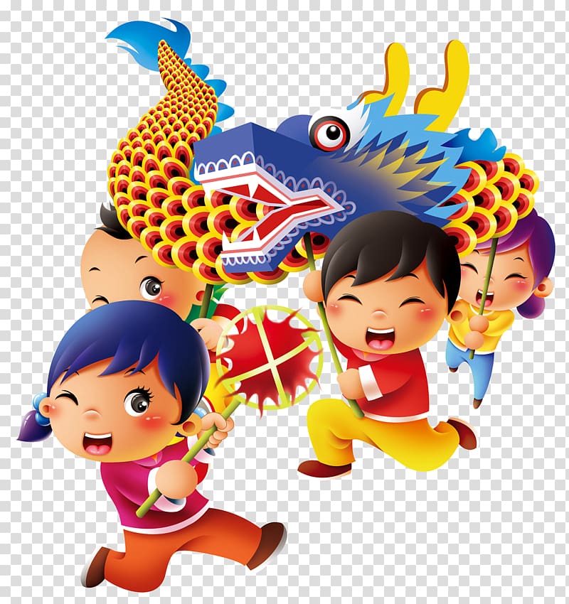 children carrying Chinese dragon art, Dragon dance Lion dance Lantern Festival Chinese New Year Traditional Chinese holidays, Dragon child transparent background PNG clipart