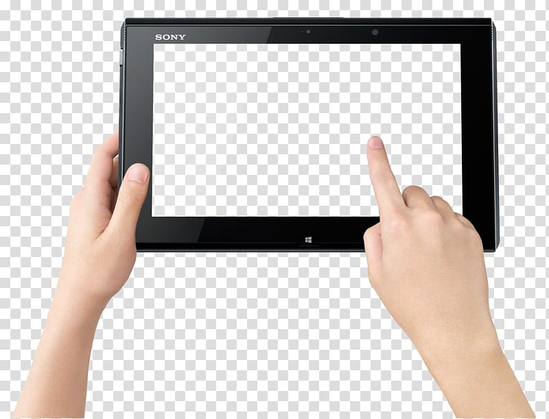 person using black Sony tablet, Touchscreen Display device Tablet computer Computer monitor, Finger Touch Tablet transparent background PNG clipart