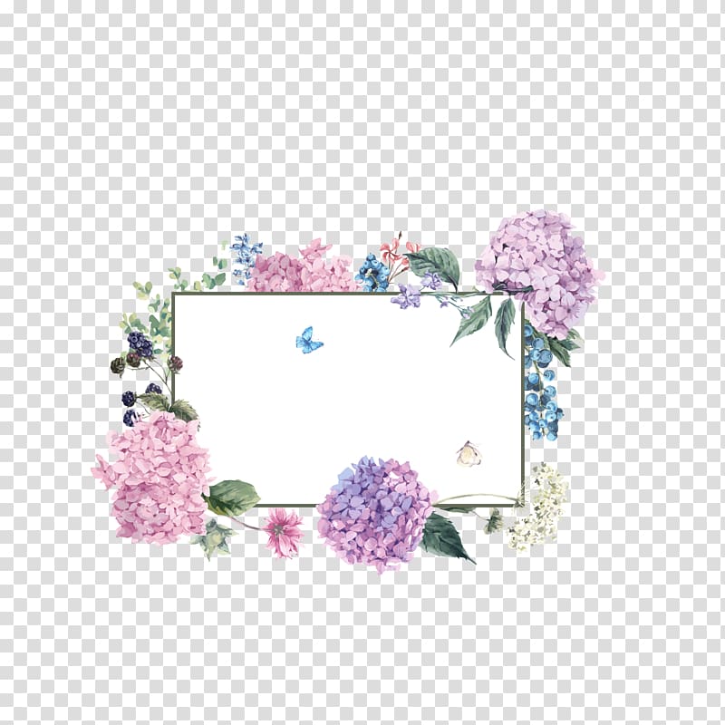 white board with flowers, French hydrangea Flower, Bouquet border transparent background PNG clipart