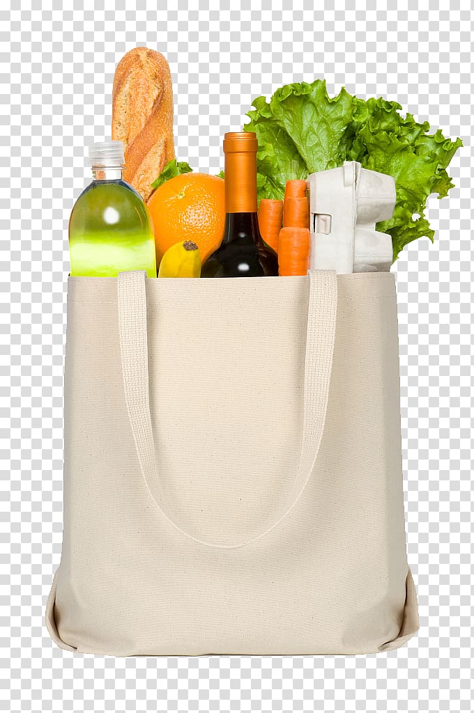 beige shopping bag, Plastic bag Grocery store Reusable shopping bag, Shopping bags and food transparent background PNG clipart