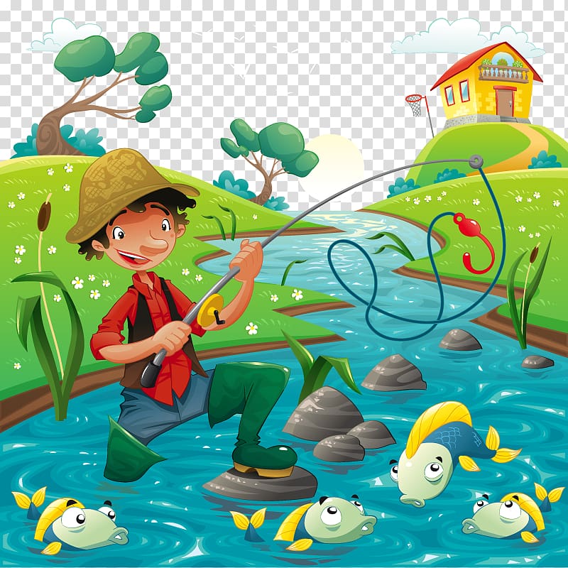 Cartoon Fisherman Illustration, Fishing transparent background PNG