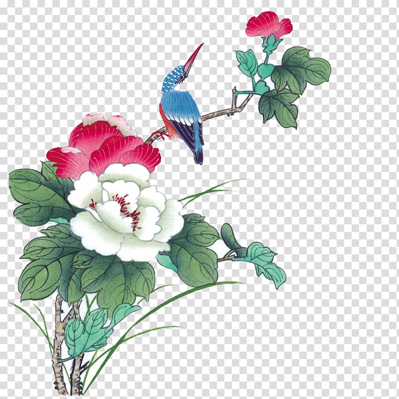 blue and black bird on flower branch illustration, Ink wash painting Bird-and-flower painting Shan shui Chinese painting, Birds and Flowers transparent background PNG clipart