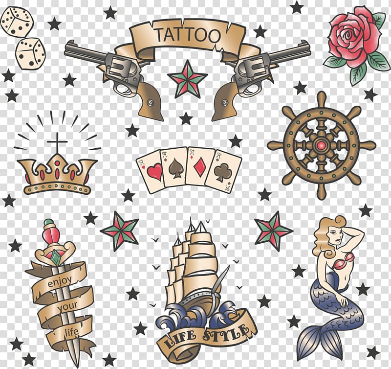 gold lace, red rose, pistols, dices and wheels , Old school (tattoo) Sailor tattoos, Pistol transparent background PNG clipart