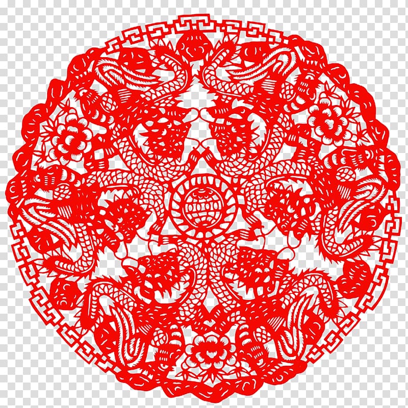Papercutting Chinese paper cutting Chinese dragon Chinese New Year, Four paper-cut dragon playing with a pearl transparent background PNG clipart