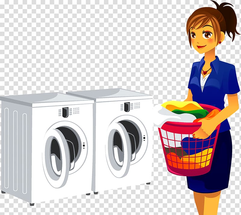 woman holding clothes hamper beside clothes washer illustration, Laundry room Washing machine Laundry detergent, Laundry beauty transparent background PNG clipart