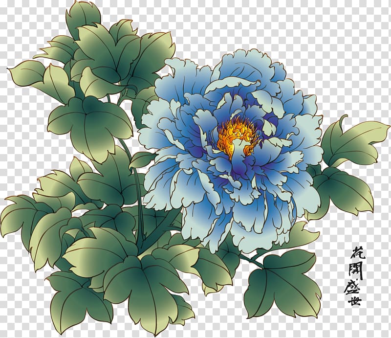 blue peony illustration, China Peony Chinese painting, Peony bloom transparent background PNG clipart