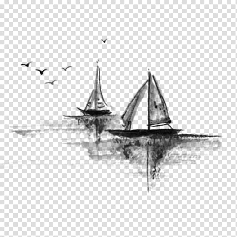 two sloop boat art, Ink wash painting Ink brush Watercolor painting Landscape painting, Free boat to pull the ink material transparent background PNG clipart