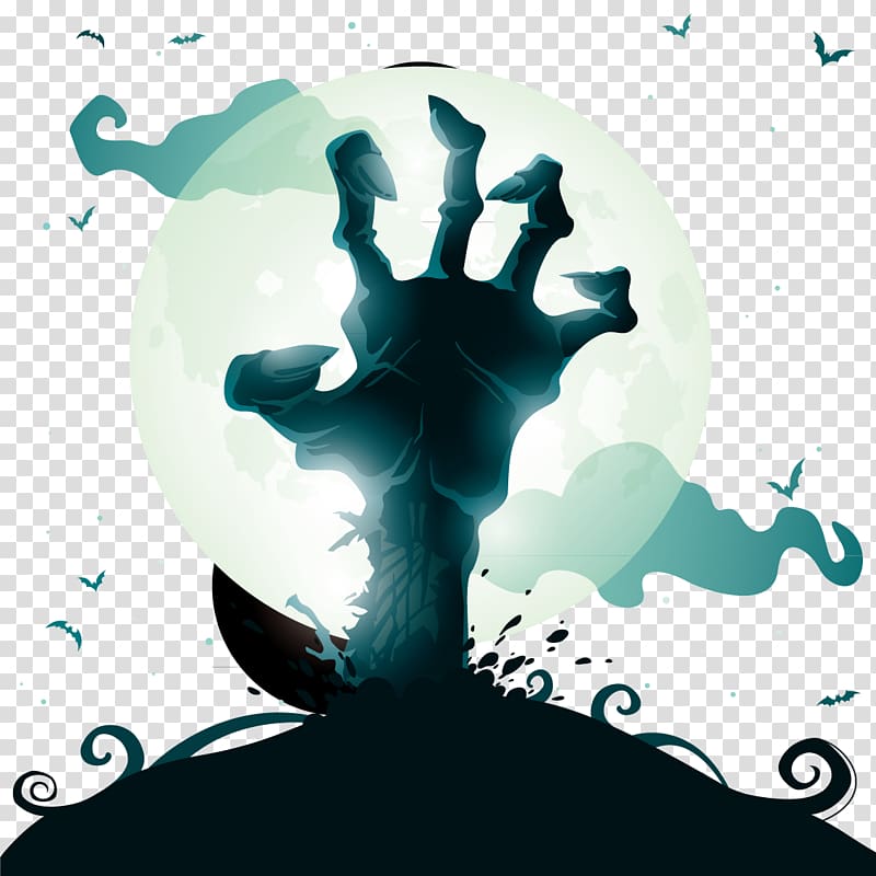 green and black hand with moon and flying bat illustration, Halloween , Halloween transparent background PNG clipart