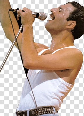 singing man wearing white tank top, Freddie Mercury Close Up transparent background PNG clipart