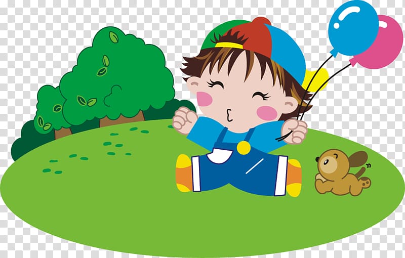 Dog Puppy Illustration, The little boy plays with the balloon and the puppy transparent background PNG clipart