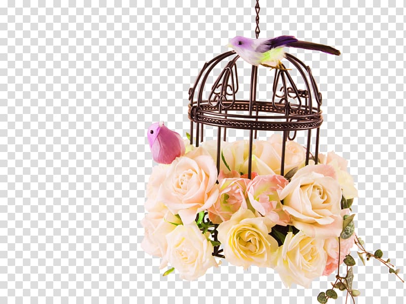 brown birdcage with yellow roses illustration, Birdcage , Rose bird cage decoration pattern transparent background PNG clipart
