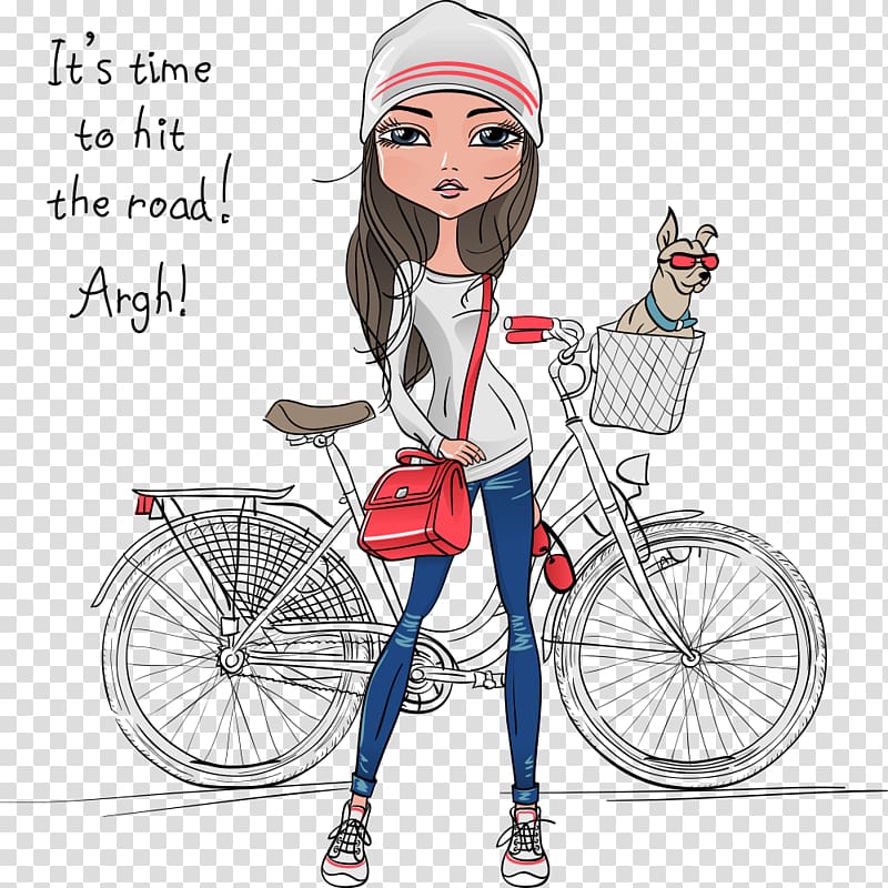 woman with bicycle illustration, Girl Cartoon Hipster Illustration, bicycle and girl transparent background PNG clipart