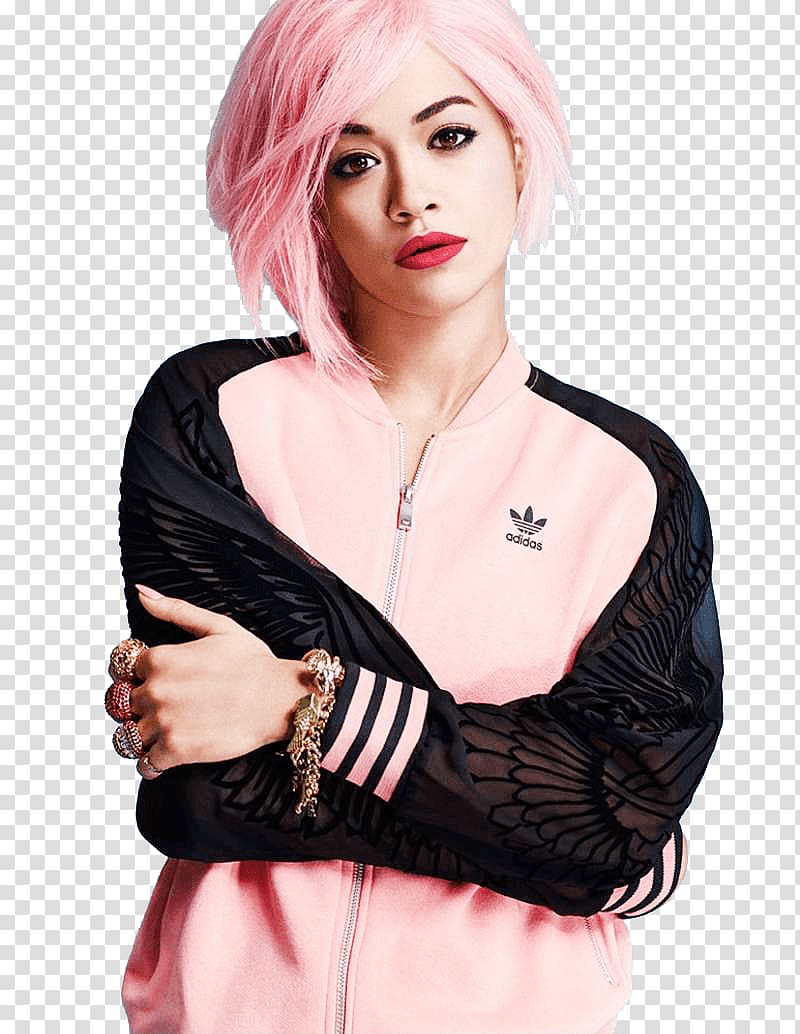 Rita Ora with crossed arms in pink adidas zip-up hoodie jacket, Rita Ora Pink transparent background PNG clipart