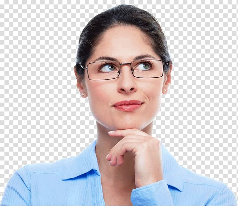 woman wearing eyeglasses looking up, Woman Thought , thinking woman transparent background PNG clipart