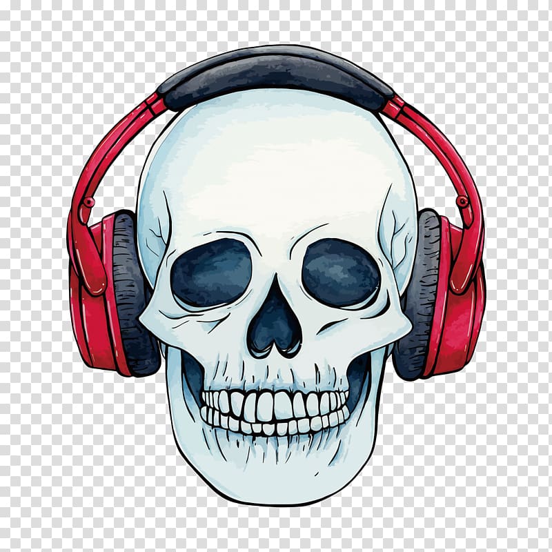 gray skull wearing headphone, Skull, listen to music skull transparent background PNG clipart