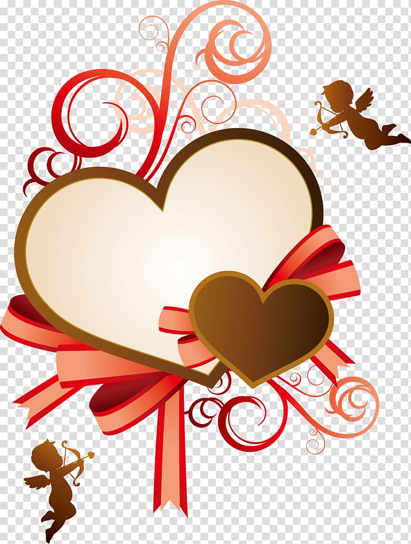 Valentines Day Heart Qixi Festival Illustration, Red ribbon and Cupid transparent background PNG clipart