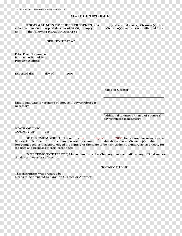 Ohio Quitclaim deed Document Form, deed transparent background PNG clipart