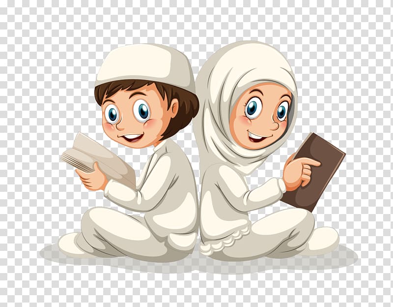 animated girl and boy muslim, Quran Muslim Islam Illustration, Read the Islam transparent background PNG clipart