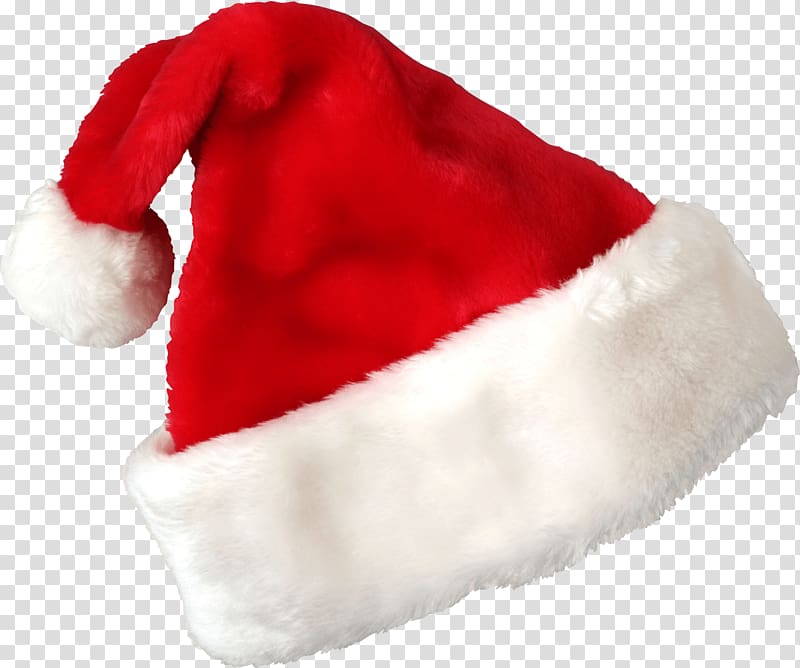 white and red fur Christmas hat hat, Hat Santa Claus Christmas transparent background PNG clipart