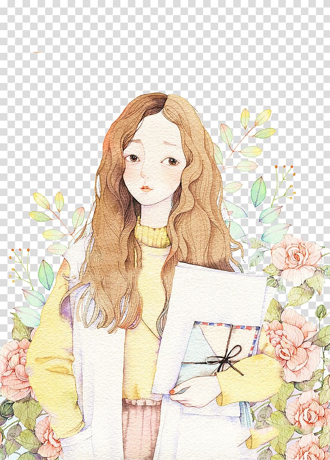 female carrying envelopes with flower illustration, Watercolor painting Drawing Graffiti Illustration, Hand painted gold long hair girl transparent background PNG clipart