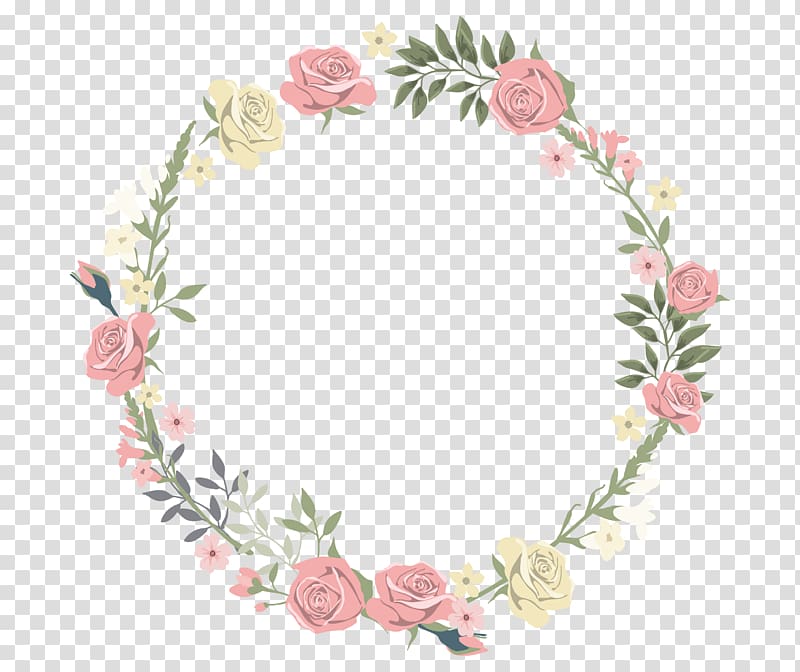 Wedding invitation frame Flower Watercolor painting, Rose decorative circular border, pink and yellow rose wreath transparent background PNG clipart