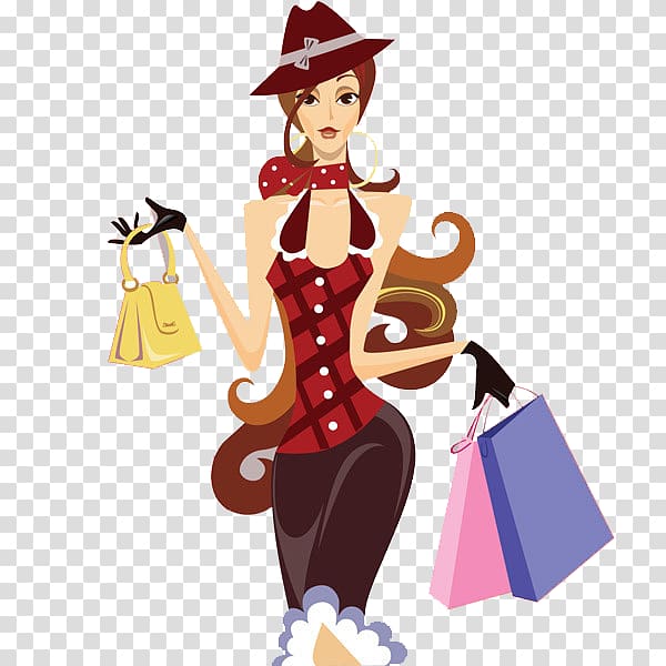 Shopping Fashion Girl Illustration, Shopping woman with a red hat transparent background PNG clipart