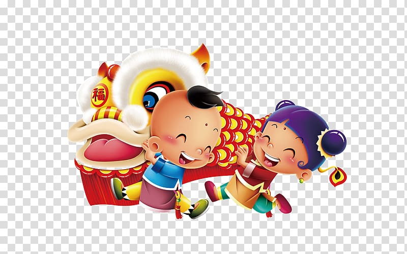 Lion dance Chinese New Year Dragon dance Festival, Children and the Dragon transparent background PNG clipart