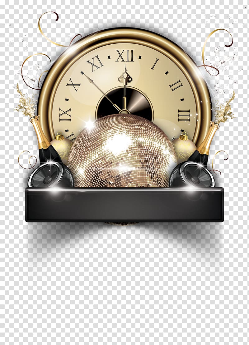 gold and gray framed analog table clock illustration, New Years Eve Flyer New Years Day Party, Gold Clock transparent background PNG clipart