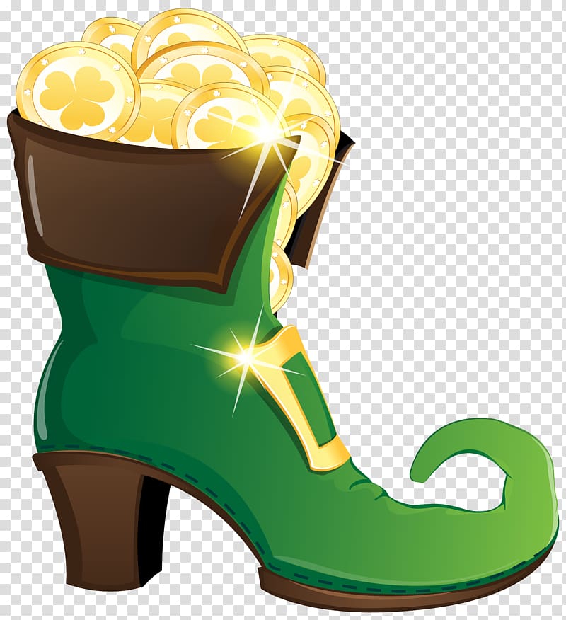 clover-printed coin in green heeled shoe illustration, Leprechaun Shoe Boot High-heeled footwear , Leprechaun Shoe with Gold Coins transparent background PNG clipart