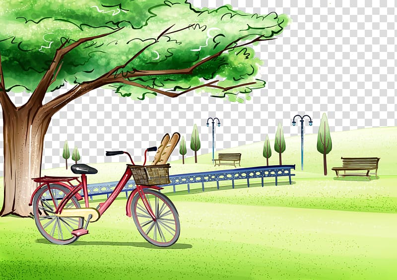 Cartoon Landscape Illustrator Poster, Hand-painted scenery park transparent background PNG clipart