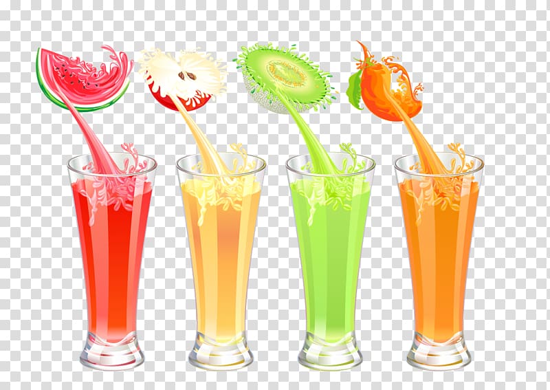 four assorted-flavor drinks, Juice Auglis Fruit Fruchtsaft, Juice material transparent background PNG clipart