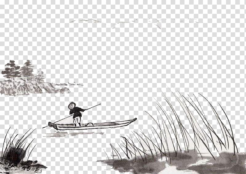 Ink wash painting Shan shui Chinese painting, Ink and plains by boat transparent background PNG clipart